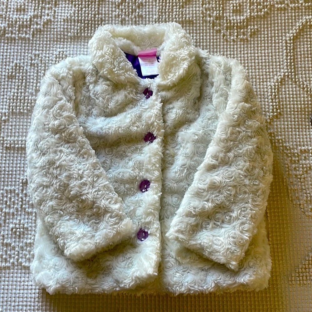Faux White Fur Girls Coat with Purple Buttons & Lining by Nannette girl